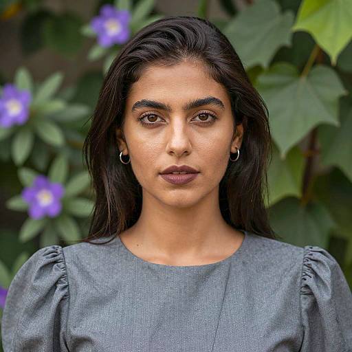 Elegant Woman Among Greenery and Flowers