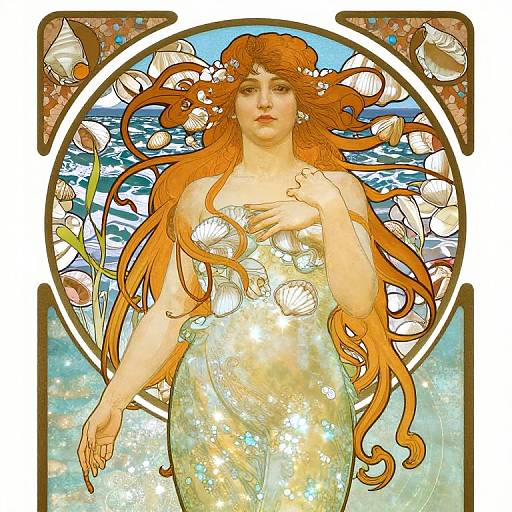 Art Nouveau-style digital illustration of a pale-skinned, red-haired mermaid with large, flowing hair, adorned with seashells, standing against