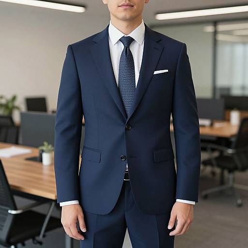 Photograph of a man in a dark navy business suit with white shirt and blue patterned tie, standing in a modern office with wooden tables and black