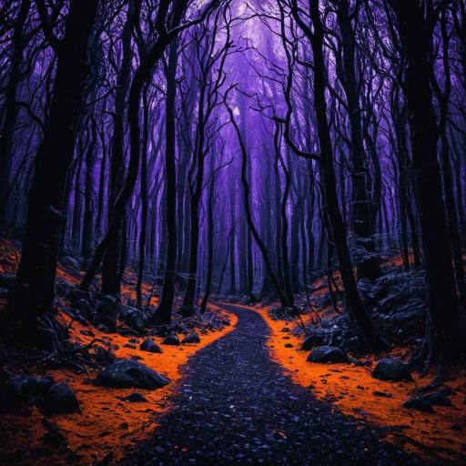 Dark Enchanted Forest with Purple and Orange Lighting