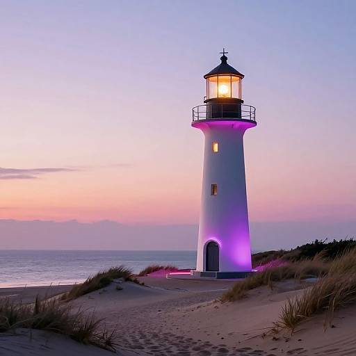 Photograph of a white lighthouse with purple lighting, standing on a sandy dune at sunset, with a pastel pink and blue sky in the