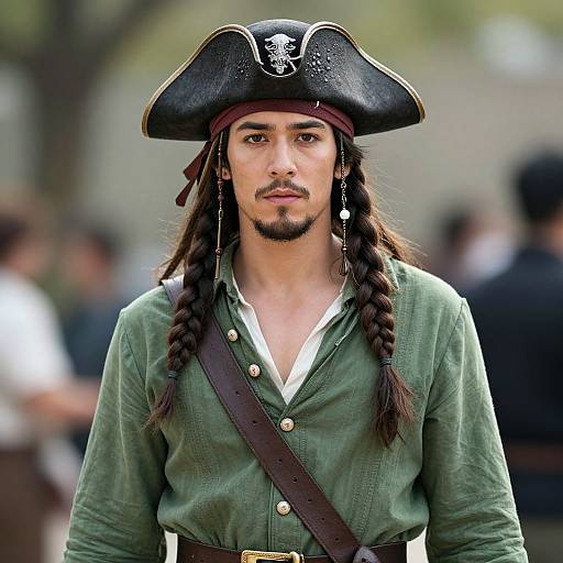 Photograph of a young man with long braids, wearing an 18th-century pirate hat, green shirt, and brown belt, in a blurred