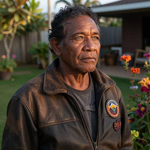 Photograph of an older, middle-aged man with curly black hair, dark brown leather jacket, and black shirt, standing in a colorful, sunlit