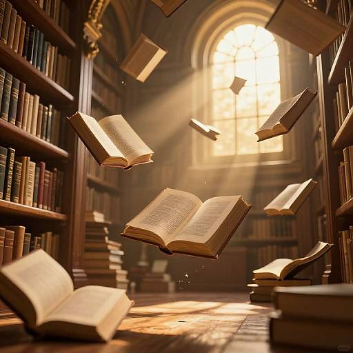 Photograph of sunlit, ancient library with floating open books, surrounded by wooden bookshelves, and a large arched window in the background.