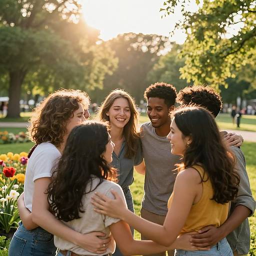 Photograph of six young adults, diverse ethnicities, laughing and hugging in a sunlit park, surrounded by blooming flowers and trees.