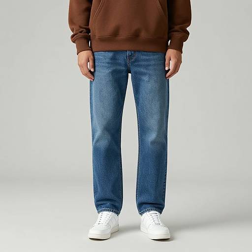 Photograph of a person from neck to ankles, wearing a brown hoodie, blue jeans, and white sneakers, standing against a plain white background.