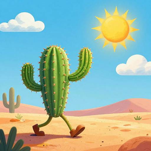 Cartoon cactus with green, spiky arms and legs, brown shoes, walking in bright desert under a sunny blue sky with white clouds.