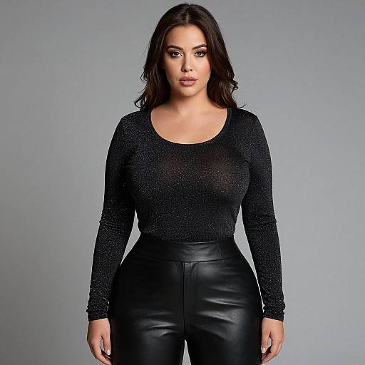 Photograph of a confident woman with dark, wavy hair, wearing a black, long-sleeve, sparkly top and black leather pants,