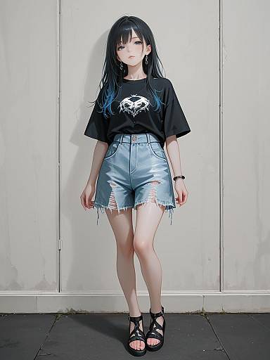 Photograph of a pale-skinned young woman with long black hair, wearing a black t-shirt, light blue distressed shorts, and black sandals, standing