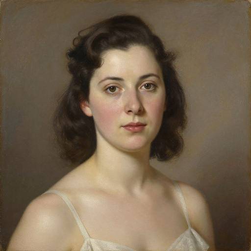 Realistic oil painting of a pale-skinned woman with dark, wavy hair, wearing a white, thin-strapped dress, against a neutral background