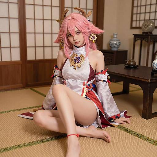 Pink-Haired Anime Cosplayer in Japanese Room