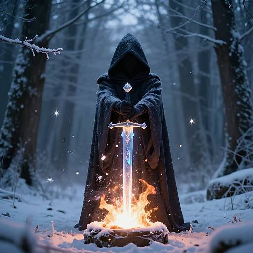 Mysterious figure in dark hooded cloak, holding glowing sword, stands before fiery snow-covered campfire in a snowy forest.
