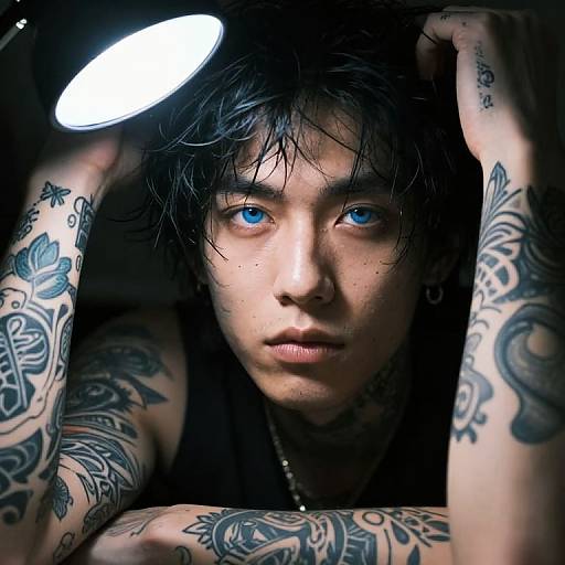 Tattooed young man with blue eyes, black hair, and intense gaze, illuminated by a small flashlight, arms raised, dark background. Phot