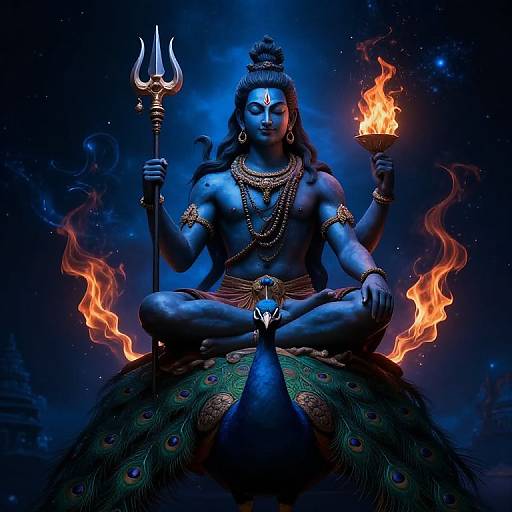 Digital artwork of blue-skinned Shiva with a trident and flame, seated on a peacock, adorned in gold jewelry, against a cosmic blue