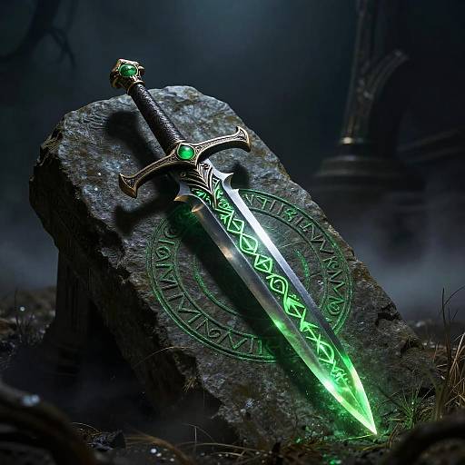 Glowing green sword with intricate runes, resting on a stone with a circular symbol, in a dark, misty, ancient ruin.