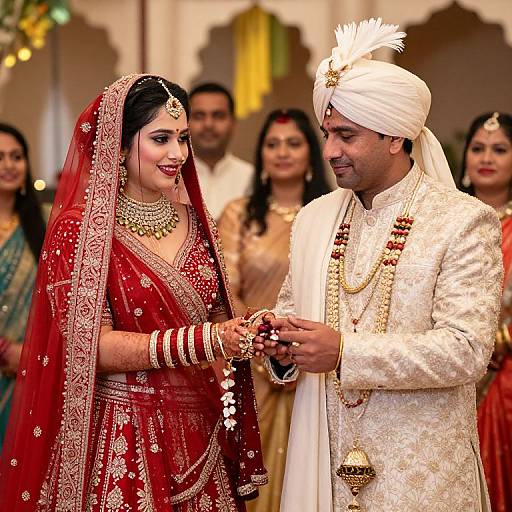 Photograph of a traditional Indian wedding; bride in red lehenga with gold embroidery and jewelry, groom in white sherwani with turban, exchanging