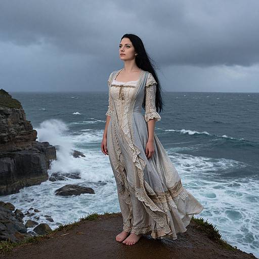 Photograph of a pale-skinned woman with long black hair in a detailed, lace-trimmed white dress standing barefoot on a cliff overlooking a