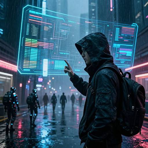 Cyberpunk cityscape: Rainy night, neon-lit street, hooded man in dark raincoat, backpack, pointing at holographic interface