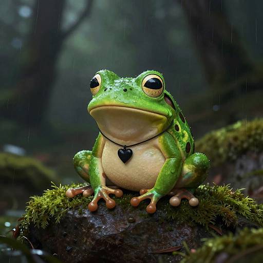 Photorealistic image of a green frog with large black eyes, wearing a black heart necklace, sitting on mossy forest log during a gentle rain.