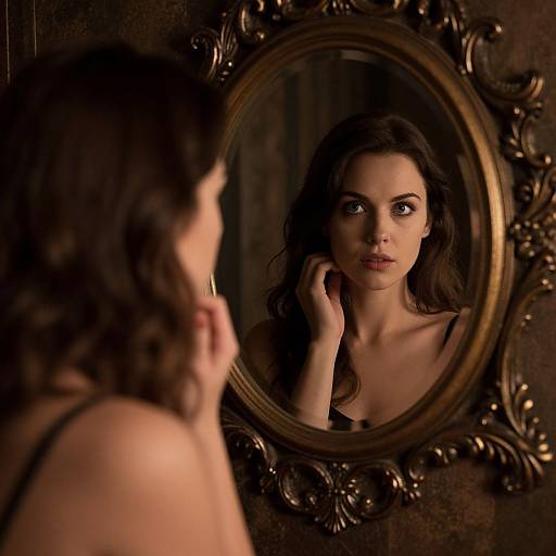 Photograph of a brunette woman with wavy hair, reflected in an ornate, oval, gold-framed mirror, wearing a black top, with