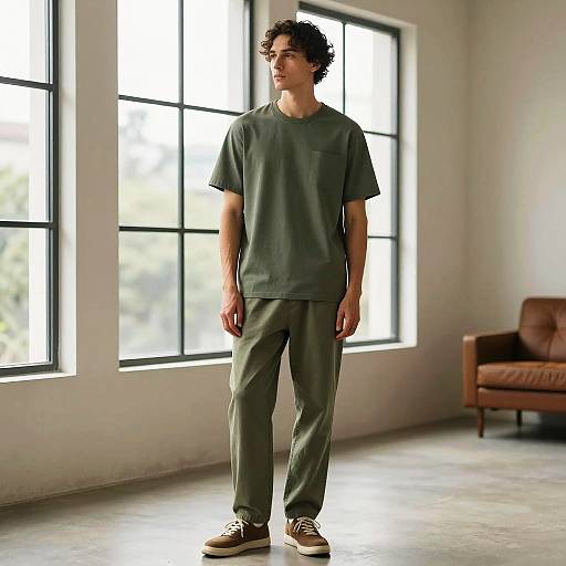 Stylish Man in Green Minimalist Interior