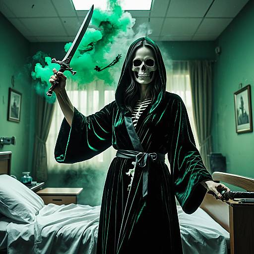 Mystical Woman in Black Velvet Robe with Sword and Green Smoke