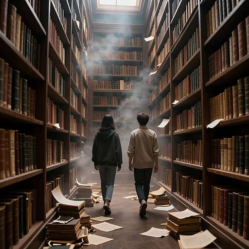Photograph of two people, one in a hoodie, one in a sweater, walking down a misty, book-filled library aisle with scattered papers.