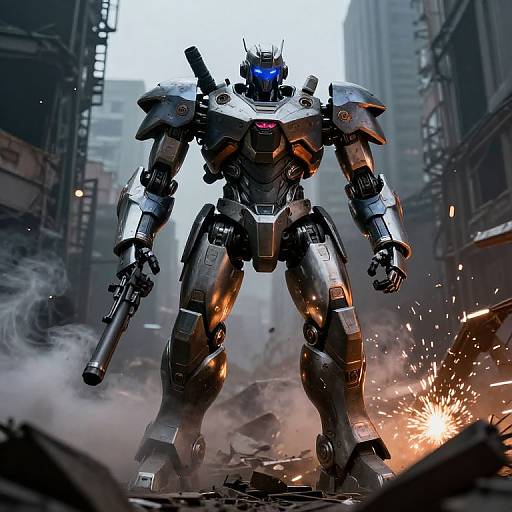 Digital artwork of a powerful, black and silver mecha with blue eyes standing in a smoky, ruined city street, firing a cannon with sparks flying