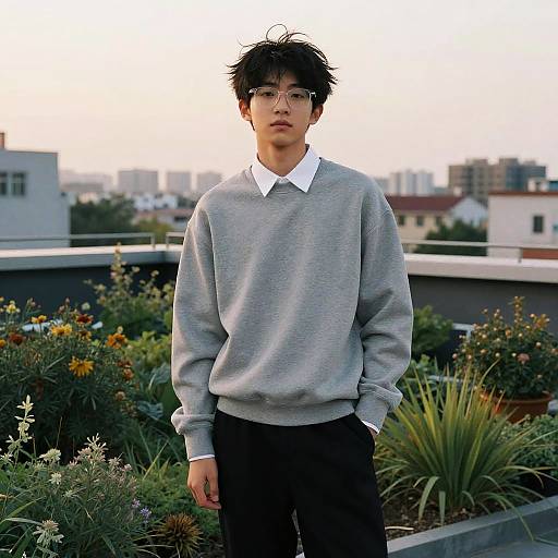 Photograph of an Asian man with messy black hair, glasses, gray sweater with white collar, black pants, standing on rooftop garden. Urban skyline in