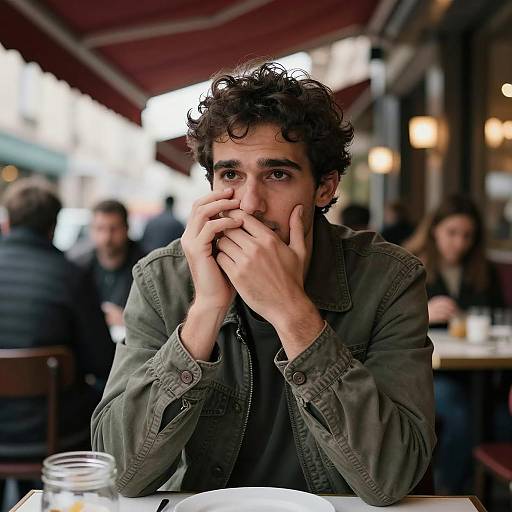 Serious man in green jacket at café