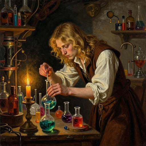 A Renaissance-style digital painting of a blonde, wavy-haired scientist in a brown vest and white shirt, mixing colorful liquids by a candlelit laboratory.