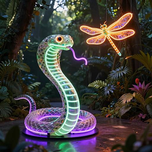 Photograph of a glowing neon snake and dragonfly in a lush, dark forest. The snake is illuminated in green, purple, and blue, with