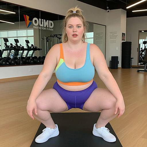 Photograph of a plus-sized, blonde woman with fair skin, squatting in a gym. She wears a blue sports bra, orange and blue shorts