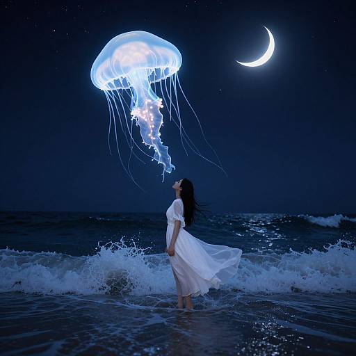 Photograph of a woman in a flowing white dress, standing in moonlit ocean waves, gazing at a glowing jellyfish under a crescent moon