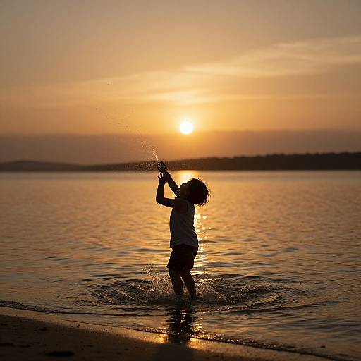 Silhouetted child splashing water at sunset on a calm beach, golden sky reflecting on the gentle waves. Photographic image.