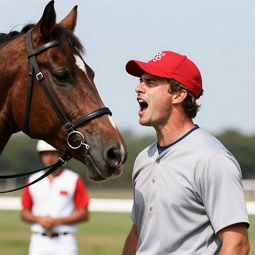 Man Shouting at Brown Horse Outdoors