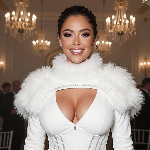 Photograph of a smiling woman with dark hair in an updo, wearing a white, fur-trimmed, deep-cut dress, standing in an