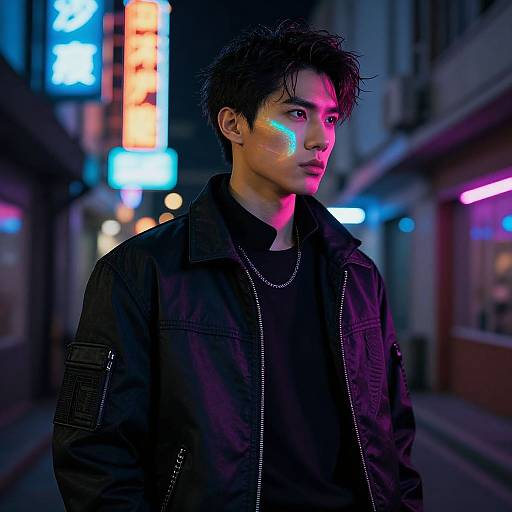 Photograph of an Asian man with short, dark hair, wearing a black jacket and shirt, standing on a neon-lit city street at night,
