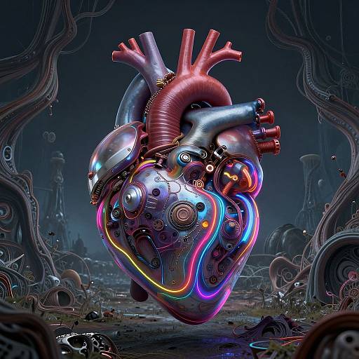 Surreal Mechanical Heart in Neon