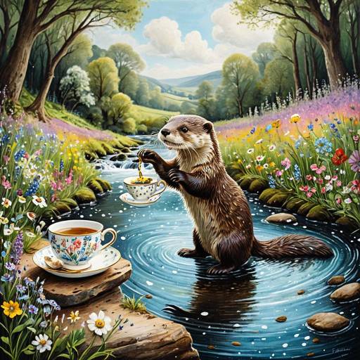Whimsical Otter with Teacup by Woodland Stream