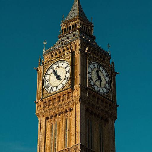 Photograph of the iconic Big Ben clock tower, illuminated by golden sunlight, against a clear, deep blue sky.