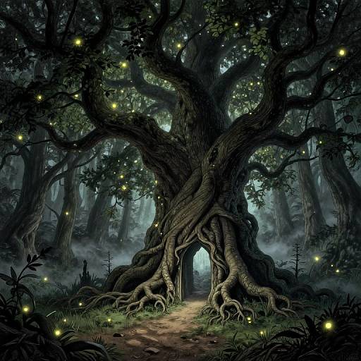 Digital fantasy artwork of a dark, enchanted forest with a massive, twisted tree featuring gnarled roots and glowing fireflies. A luminous blue portal