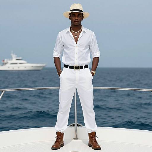 Photograph of a confident Black man in white attire, wide-brimmed hat, brown boots, standing on a yacht deck with a distant white yacht