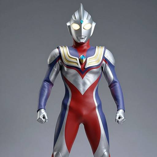 CGI image of a futuristic, silver-armored superhero with glowing white eyes, blue and red suit, gold chest accents, and a blue gem,