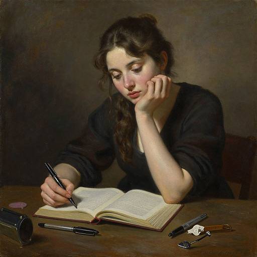 Photorealistic painting of a fair-skinned woman with dark hair, wearing a black top, pens, ink bottle, and paperweight on a wooden