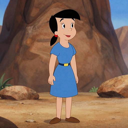 Cartoon girl with black hair, blue dress, brown belt, brown shoes, standing in desert with rocky background and small plants.