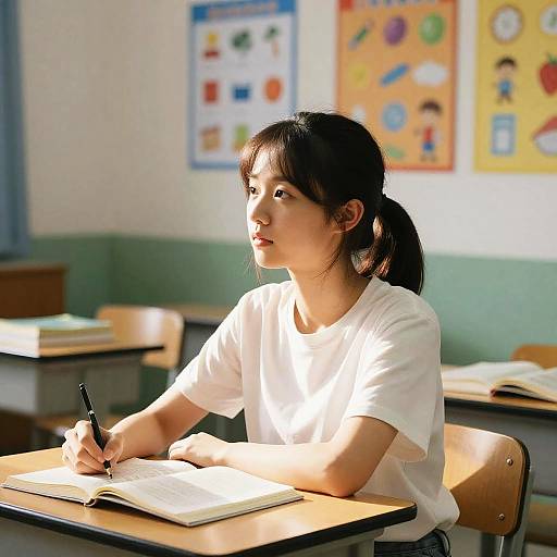 Photograph of an Asian girl with black hair in a ponytail, wearing a white shirt, writing in an open notebook at a sunlit classroom desk