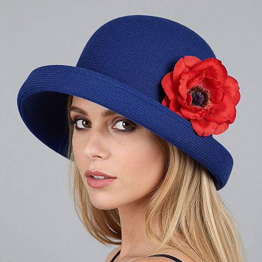 Photograph of a blonde woman with fair skin, wearing a vibrant blue hat adorned with a large red poppy flower, against a light blue background.