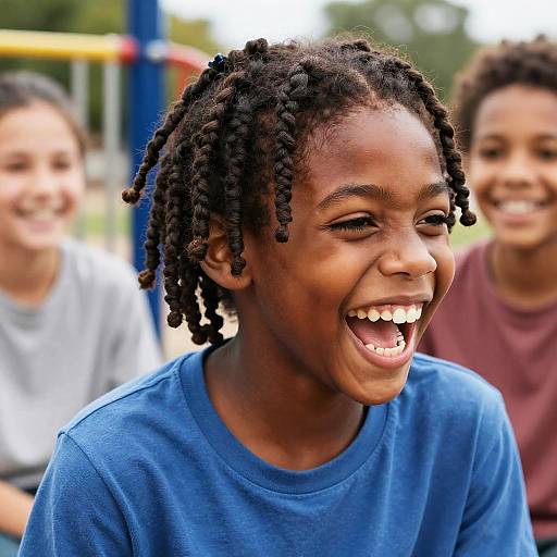 Photograph of a smiling black girl with medium brown skin and braided hair, wearing a blue shirt, in a blurred playground background with two other smiling