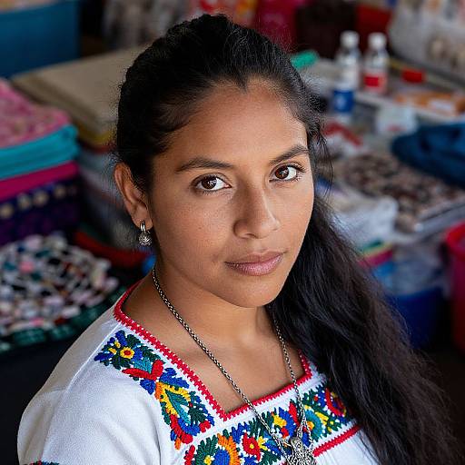 Photograph of a young South Asian woman with long black hair, brown eyes, wearing a white embroidered top, silver necklace, and earrings, standing in